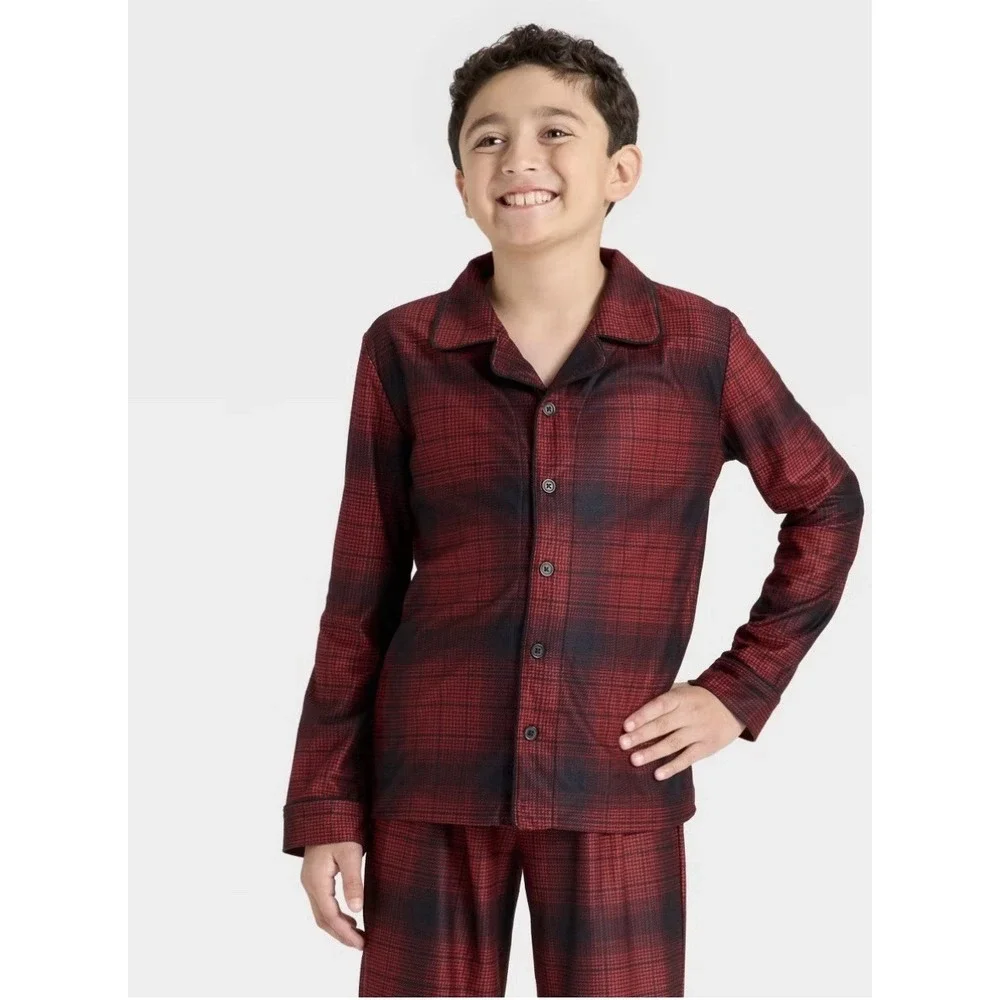 Cat & Jack Boys XL (14) Red Plaid Holiday‎ Long Sleeve Button Front Pajama Set